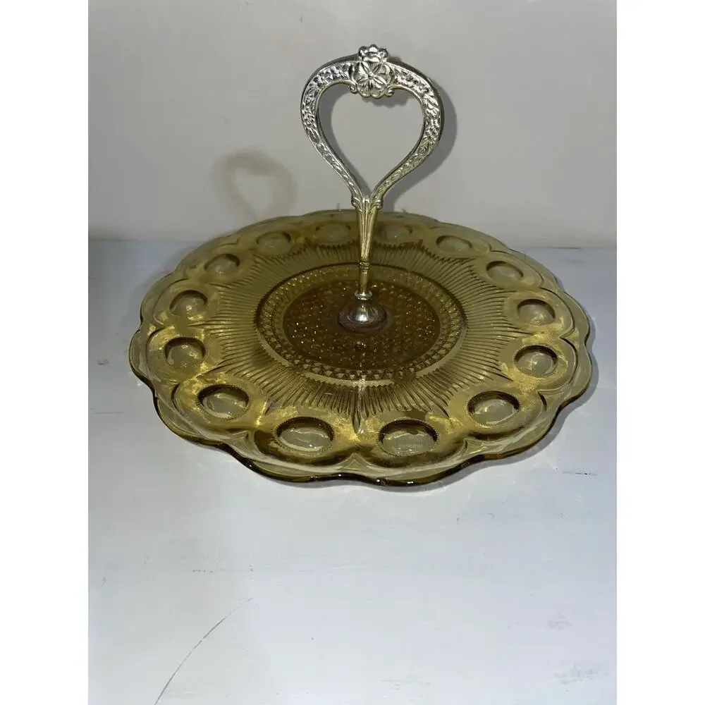 Glass MCM Sandwich Dessert Tidbit Server Center Handle Amber Gold
